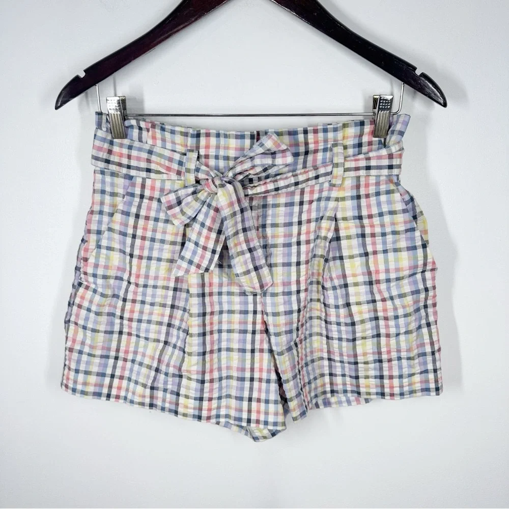 Loft Seersucker Plaid Paper Bag Waist Shorts Size Small Belt Pastel